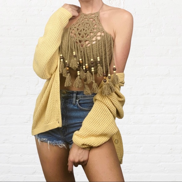 HANDMADE | Brown Crochet Mandala Beaded Tassels Cropped Hippie Halter Top - Picture 3 of 7